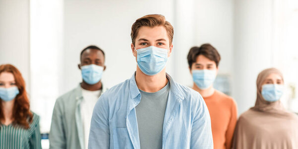 New Reality Rules, Epidemic Concept. Portrait of young man wearing protective medical mask standing with diverse group of international people in the blurred background, posing and looking at camera