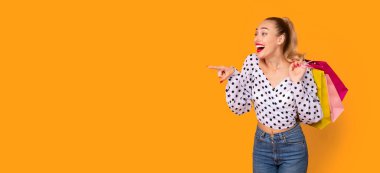 Vay canına, şuna bak. Heyecanlı Stil Kadının Portresi Promosyon Metni veya Teklif İçin Boş Yer Orange Stüdyoları Arkaplanında Renkli Alışveriş Torbaları Taşıma, Panorama