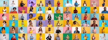 Canlı bir portre koleksiyonu, çeşitli insanların renkli arka planlara karşı neşe ve bağlantı ifadelerini sergiliyor.