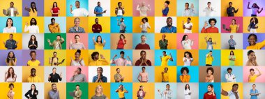 Bu canlı koleksiyonda farklı geçmişlerden gelen çeşitli bireyler neşe ve pozitifliği ifade ediyor. Her kişi parlak, renkli bir arkaplana karşı duruyor, çeşitliliği vurguluyor..