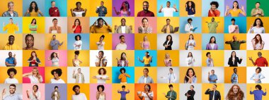 Çeşitli ifade ve yaşam tarzları olan farklı insanlardan oluşan canlı bir portre koleksiyonu..