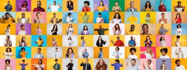 Bu canlı kolaj çeşitli ifadeleri ve pozları yakalayan farklı bireylerden oluşan bir koleksiyonu gösteriyor..