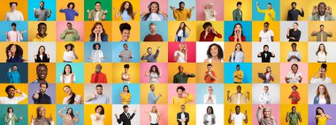 Çeşitli insanlar gülümseme ve jestlerle neşe ve pozitiflik ifade ediyorlar. Bu canlı koleksiyon, parlak ve renkli arka planlara karşı çeşitli arkaplanları vurgular.