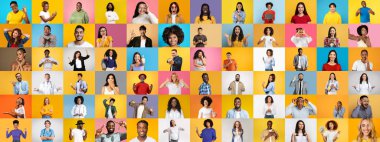 Renkli bir kolaj her biri neşeli ifadeler sergileyen farklı bireylerden oluşan bir grup sunar. Canlı arka plan, onların benzersiz özelliklerini geliştirir, çeşitlilikteki birliği gösterir..
