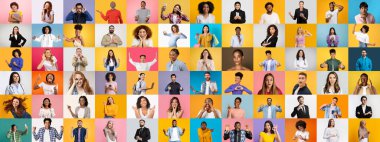 Renkli bir koleksiyonda çeşitli ifadeler ve pozlar paylaşan farklı bireyler yer alır. Portre kolajı, benzersizliğin güzelliğini kutlayan çok ırklı geçmişleri vurguluyor..