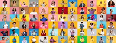 Çeşitli bireylerden oluşan canlı bir koleksiyonda çeşitli yaşam tarzları ve duygular sergileniyor. Her insan, kendi eşsiz ifadelerini ve tarzlarını vurgulayarak, parlak arka planlara karşı izole edilmiştir..