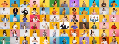 Canlı bir kolaj, her biri parlak, canlı arka planlara karşı eşsiz yüz ifadeleri ve jestler sergileyen farklı bireylerden oluşan bir grup sergiliyor. Koleksiyon çeşitlilikteki birliği vurguluyor.