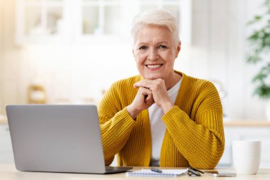 Webinar 'ı bekleyen mutlu yaşlı kadın, mutfakta oturuyor, dizüstü bilgisayar kullanıyor, not alıyor, kahve içiyor. Neşeli yaşlı kadın büyükannenin İnternet 'te eğitim kursu var, kopyalama alanı
