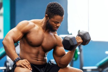Yakışıklı Afro-Amerikan kaslı, üstsüz vücut geliştirici spor salonunda halterle egzersiz yapıyor, bankta oturuyor ve pazılara bakıyor, fotokopi çekiyor. Spor salonu, erkek spor salonu, fitness stüdyosu reklamı