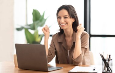 Büyük Başarı. Mutlu yönetici dizüstü bilgisayar kullanıyor, el kol hareketi yapıyor, ofiste yumruklarını sıkarak başarıyı kutluyor.