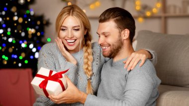 Duygusal bir kadın Noel hediyesini erkeğin ellerinde seyrediyor oturma odasında kanepenin yanında oturuyor, boş yer var. Sevgi dolu koca heyecanlı karısına yeni yıl hediyesi veriyor, tatilini evde kutluyor.