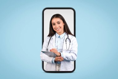 Çevrimiçi tıbbi danışmanlık, mavi altyapıyı vurgulayan, kendine güvenen genç bir kadın doktor tarafından temsil edilen tele sağlık hizmetleri