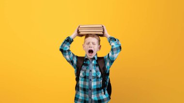 Stresli okul çocuğu kafasında bir yığın kitapla sarı stüdyo arka planında bağırıyordu çalışmaktan, dinlenmeye, kopyalamaya ihtiyacı vardı. Kızıl çocuk elinde kitaplarla bağırıyor.