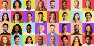 Farklı renklerde geçmişleri olan çok ırklı insanların birden fazla portresi. Farklı yaşlarda ve etnik kökenli mutlu kadınlar ve erkekler kameraya gülümsüyor. Vesikalık Fotoğraflar Kolajı, Panorama