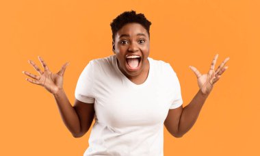 Heyecanlı, iri yarı Afrikalı bir kadın heyecanla el ele tutuşarak çığlık atıyor. Stüdyoda sarı arka planda kameraya bakıyor. Pozitif Duygu, Omg, Beklenmedik Neşeli Sürpriz Konsepti