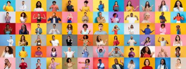 Canlı bir kolaj, her biri benzersiz ifadeler ve jestler sergileyen çeşitli insan gruplarını vurgular..