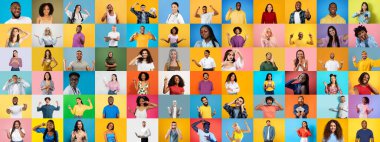 Canlı bir kolaj, parlak renkli arka planlara karşı gülümseyen ve çeşitli pozlar veren çeşitli bireylerden oluşan bir grup içerir..