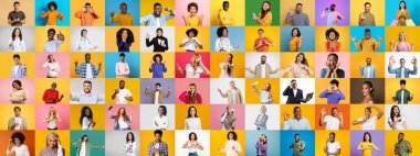 Renkli bir koleksiyonda farklı bireylerin benzersiz jestleri ve ifadeleri sergileniyor. Portreler, çeşitliliğin güzelliğini vurgulayarak, kültür ve yaşam tarzlarının zengin bir karışımını yansıtıyor..