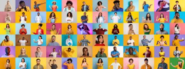 Canlı bir kolaj, renkli arka planlara karşı çeşitli pozlarda ve kıyafetlerde çok ırklı bireyleri barındırır. Her insan farklı duyguları ifade eder, çeşitliliği ve birliği kutlar..