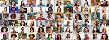 Canlı bir kolaj, neşeli ifadeleri olan çeşitli mutlu insanlardan oluşan bir grup sunar..