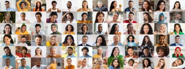 Çeşitli geçmişlerden gelen renkli yüzler çeşitliliğin güzelliğini vurguluyor. Her insan bir mutluluk anını paylaşır, çeşitliliği temsil eder..