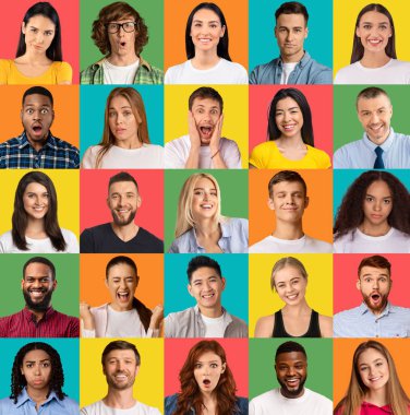 Farklı insan yüz ifadeleri ve farklı genç insanların duygularının yaratıcı kompozit kolajı. Birçok olumlu ve negatif kadın ve erkek duygularının mozaik seti. Renkli arkaplanda pankart