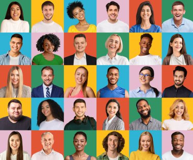 Çeşitli milletlerden ve nesillerden olumlu erkek ve kadınlar, renkli arka planlarda yakın plan portreleri, yaratıcı imaj. Halkın yaşam tarzları, uluslararası toplum kavramı