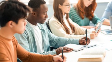 Yüksek Öğrenim Kurumları. Halk kütüphanesinde ya da akademik konferans salonunda oturan, not defterlerine yazan, sınava hazırlanan, gülümseyen siyah adama odaklanan çok ırklı insanların portresi