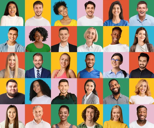 Çeşitli milletlerden ve nesillerden olumlu erkek ve kadınlar, renkli arka planlarda yakın plan portreleri, yaratıcı imaj. Halkın yaşam tarzları, uluslararası toplum kavramı