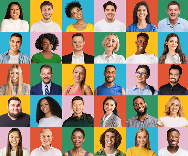 Позитивные мужчины и женщины разных национальностей и поколений, множество портретов крупным планом на ярком фоне, творческий образ. Народный образ жизни, концепция международных сообществ
