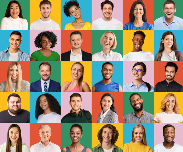 Позитивные мужчины и женщины разных национальностей и поколений, множество портретов крупным планом на ярком фоне, творческий образ. Народный образ жизни, концепция международных сообществ