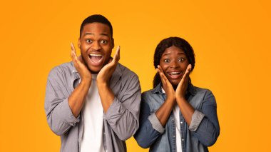 Harika bir teklif. Şaşırmış Afrikalı Amerikalı çift heyecanla yanaklarına dokunuyor, Mutlu siyah aşıklar güzel bir sürprize duygusal tepki veriyor, sarı arka planda yalıtılmış bir şekilde duruyorlar,