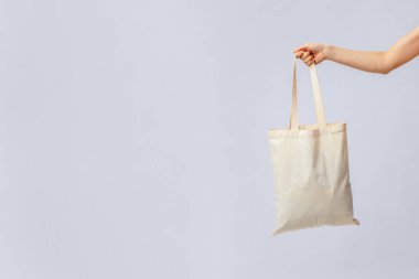 Boş Eko Tuval Taşıma Torbası, Plastik Atık Kullanmadan Sürdürülebilir Alışverişin Zevkini Çıkartan, Açık Gri Stüdyo Arkaplanının Üzerinde Duran, Boşluğu Kopyalayan...