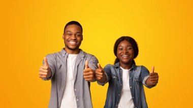 Tavsiye ediyoruz. Afro-Amerikalı neşeli çiftin portresi kameraya baş parmak işareti yapıyor, onaylarını veriyorlar, mutlu siyah erkek ve kadın sarı arka planda izole bir şekilde duruyorlar,