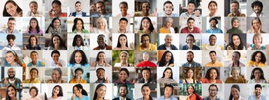 Bu canlı kolaj, çeşitli bireylerin neşeli yüzlerini yakalıyor, çok ırklı ve çok ırklı arka planlar sergiliyor..