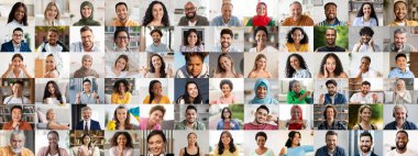 Çeşitli geçmişlerden gelen mutlu bireylerin farklı yüzlerini gösteren büyüleyici bir kolaj. Her portre benzersiz bir yaşam tarzını ve neşeli bir ifadeyi yansıtıyor, kapsayıcılığı ve birliği kutluyor..