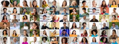 Çeşitli kültürleri temsil eden, gülümseyen ve pozitiflik gösteren neşeli yüzler topluluğu. Bu kolaj bireyler arasındaki çeşitliliğin ve bağlantının özünü yakalar..