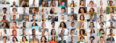 Gülümseyen ve sevinçlerini ifade eden bir grup insanın yer aldığı canlı bir kolaj. Bu koleksiyon, çeşitli geçmişlerdeki çok ırklı bireyleri canlı ve çekici bir atmosferde ön plana çıkarıyor..