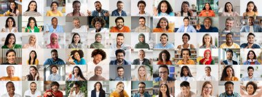 Çeşitli bireylerin yüzleri coşkulu bir kolajda neşe ve birlikteliği yansıtıyor, kültürler ve arka planlar arasında bir kutlama ve topluluk anını yakalıyor..