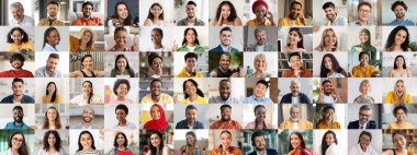 Canlı bir kolaj, her biri mutlulukla ışıldayan çok ırklı bireylerden oluşan farklı bir grup sunar. Olumlu ifadeleri birlik ve beraberliğin özünü canlı bir ortamda yakalıyor..