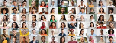 Canlı bir portre koleksiyonu çeşitli bireylerin mutlu anları paylaştığını gösteriyor. Her yüz eşsiz bir arka planı yansıtıyor, neşe ve birlik ruhunu uyumlu bir kolajda somutlaştırıyor..