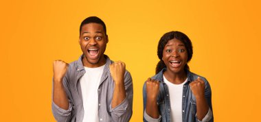 İnanılmaz bir başarı. Ağızları açık, yumrukları havada duran, sarı arka planda izole edilmiş, heyecanlı siyah erkek ve kadın portresi.