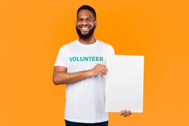 Afrikalı Amerikalı Gönüllü Adam Boş Beyaz Kağıt Tahtası Gösteriyor Boş Poster İlan Veriyor Sarı Arkaplanda Duran, Kameraya Sırıtan. Stüdyo Çekimi, Model