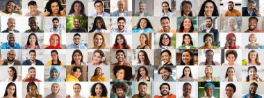 Farklı geçmiş ve kültürlerden neşeli yüzlerin kolajı, ortak mutluluklarını kutlayan farklı bireyler arasında canlı bir topluluk ve bağlantı hissini yansıtıyor..