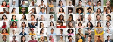 Çok ırklı geçmişleri temsil eden neşeli yüzler topluluğu. Her insan, kültürlerin ve yaşam tarzlarının uyumlu bir karışımını yansıtan, pozitifliğin gülümsemesini ve ifadelerini paylaşır..