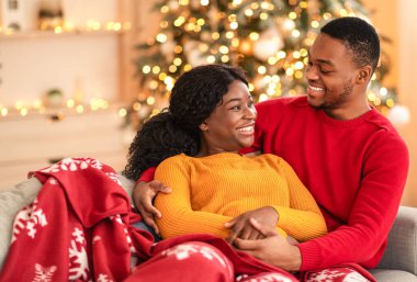 Yeni normallik ve ev izolasyonunda kutlama. Gülümseyen Afrikalı genç Amerikalı karı koca battaniyeyle kaplı kanepede oturur ve Noel ağacı ve çelenklerle birbirlerine bakarlar.