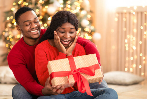 Рождество или новогоднее утро и подарки. Удивлённая молодая африканская американка радуется присутствию в коробке с лентой от мужа в интерьере гостиной с елкой и гирляндами, свободному пространству