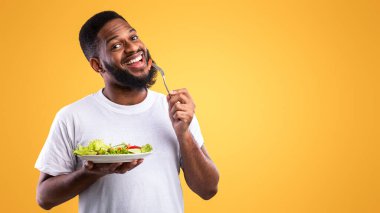 Neşeli siyahi adam salata yiyerek tabağı tutuyor ve çatalla sağlıklı yemeğin tadını çıkarıyor sarı stüdyonun arka planında dikiliyor kameraya gülümsüyor. Vejetaryen yemek tarifleri, kilo kaybı ve erkek beslenmesi.