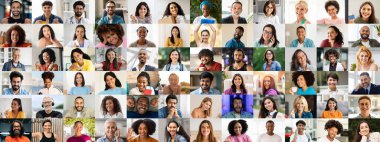 Renkli bir kolajda farklı zeminlerden çeşitli mutlu bireylerden oluşan farklı arkaplanlara gülümseyen bir grup sergileniyor..