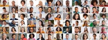 Canlı bir kolaj çeşitli, çok ırklı gülümsemeler ve neşeli ifadeler içerir. Her yüz eşsiz bir geçmişi yansıtıyor, mutluluğu göstermek ve kültürel zenginliği kutlamak için birleşmiş..